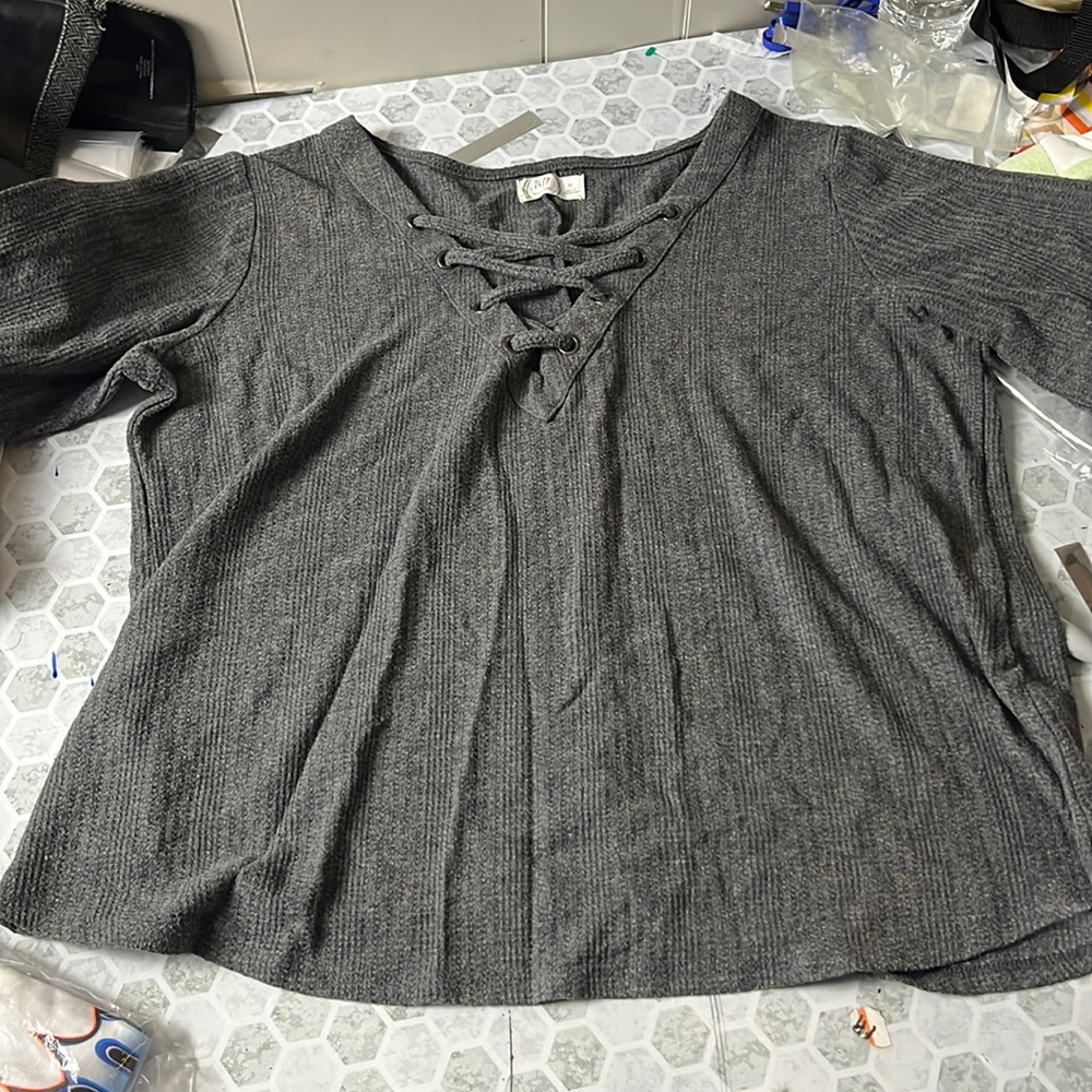 24/7 Maurices XL Gray 3/4 Sleeve Criss Cross Front Sweater
